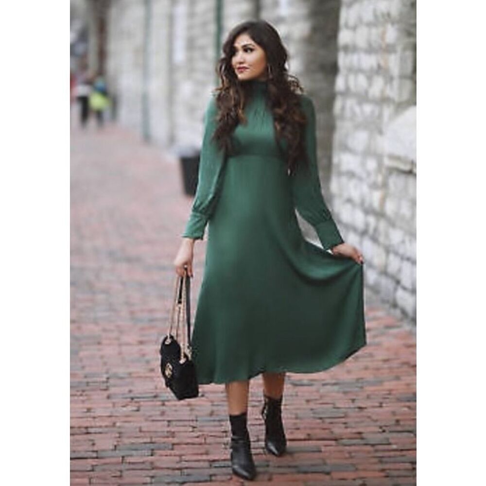 If‎ By Sea Green Satin Long Sleeve Dress Midi Dress Ruffle Mockneck XS